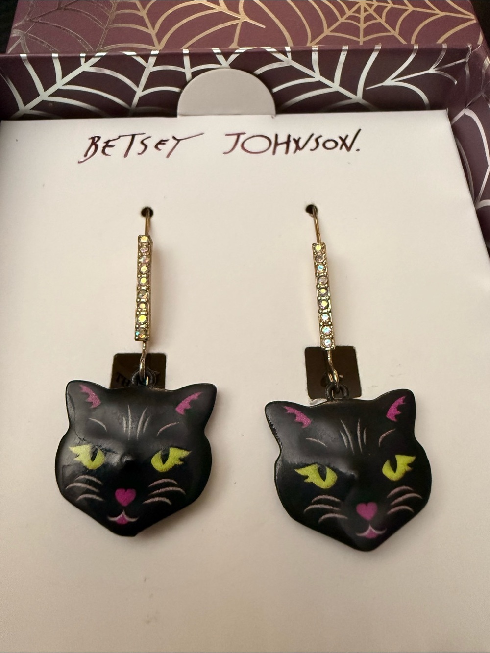 Betsey Johnson Black Cat Face Drop Earrings